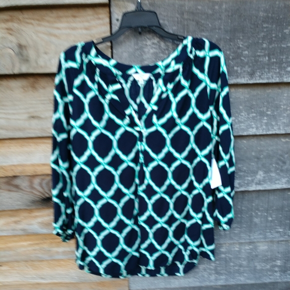 Peasant Top Crown & Ivy Women's Med Navy Blue & White Chain Pattern New W/Tags - Picture 4 of 12